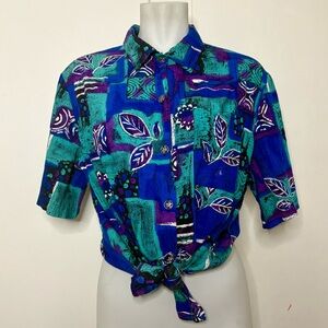 Vintage Jessica Scott Blue Purple Funky Pattern Rayon Button Up Short Sleeve Top